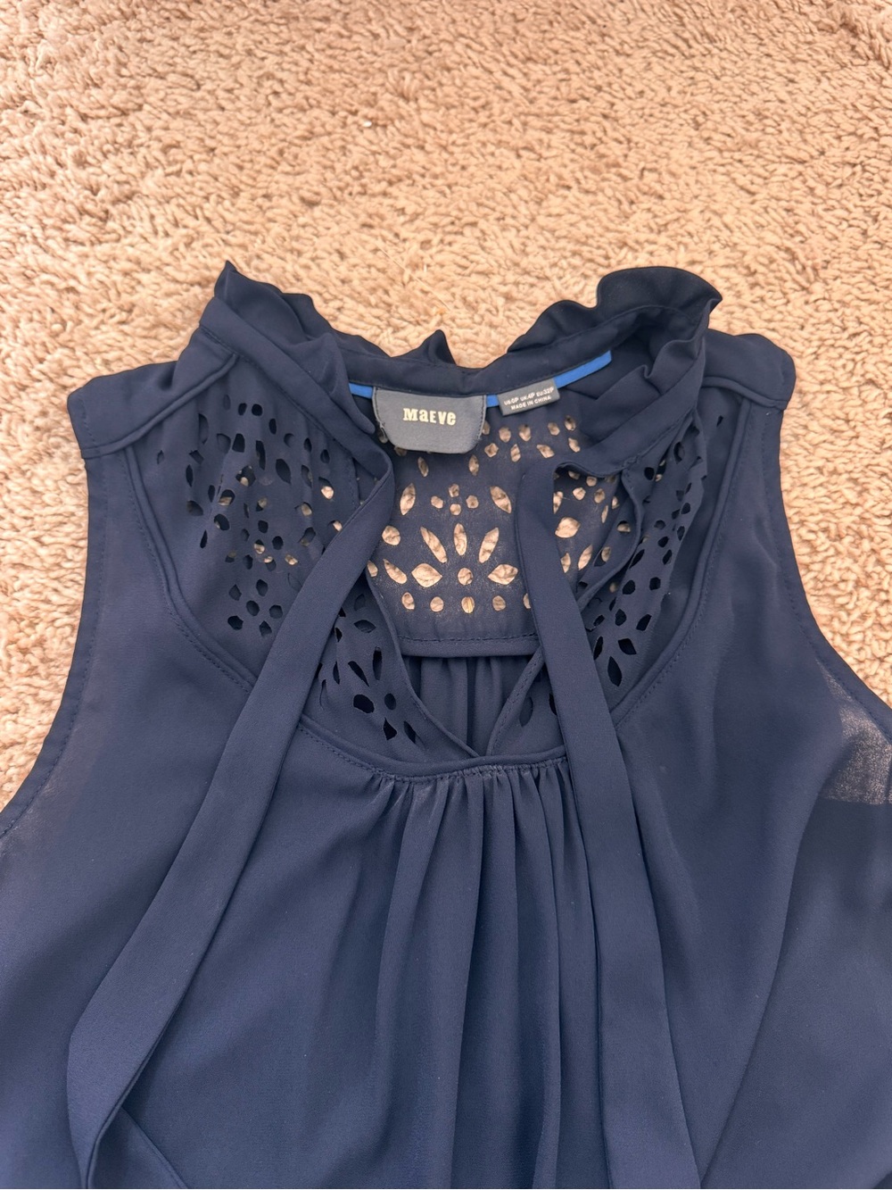 Maeve Navy Laser-Cut Tie-Neck Sleeveless Blouse